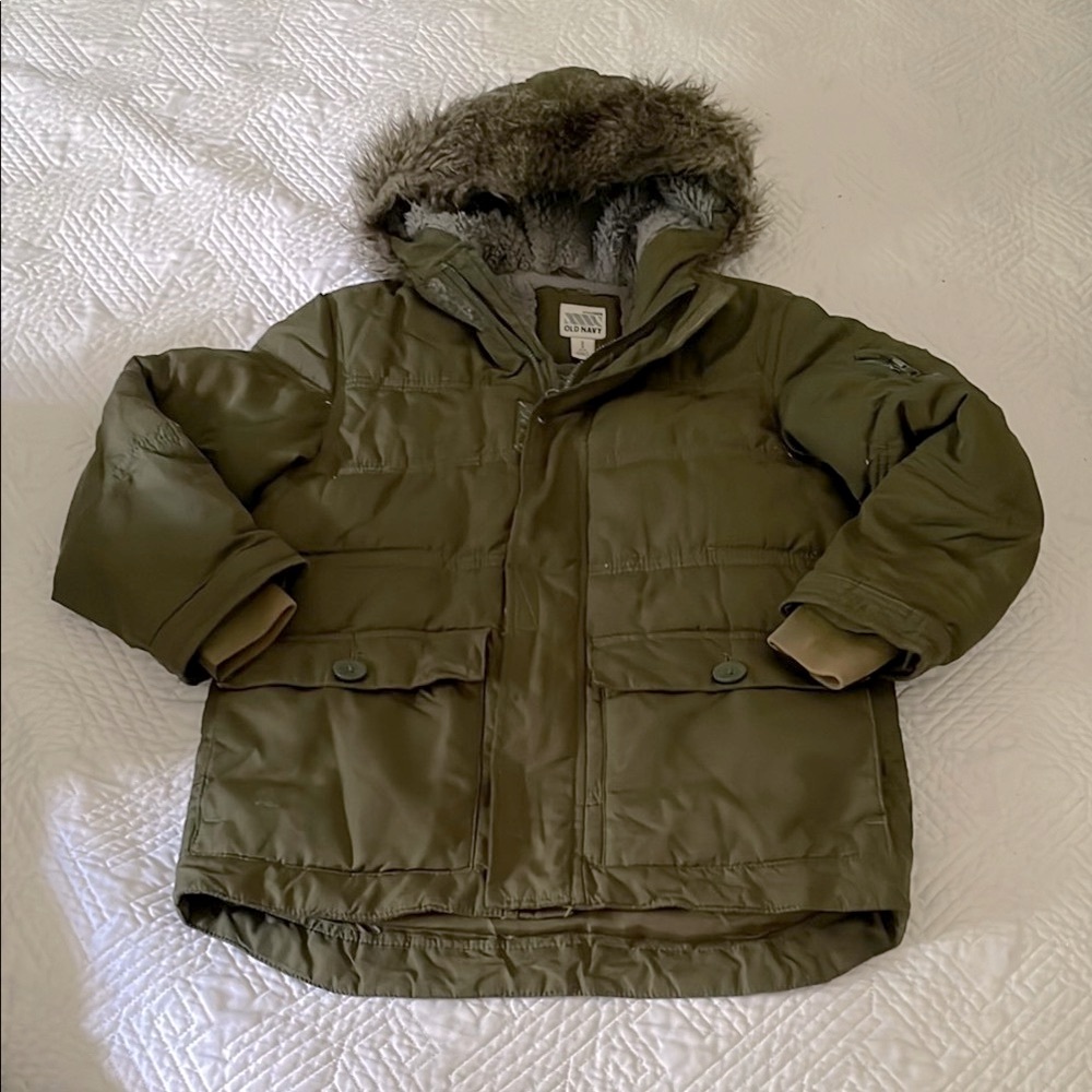 Old Navy Green Puffer Jacket with Faux Fur Hood